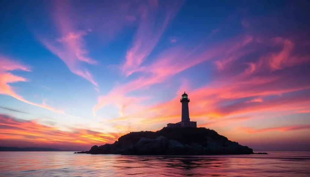 Generate an image of Ganjeolgot Cape at sunrise with a lighthouse in the background.