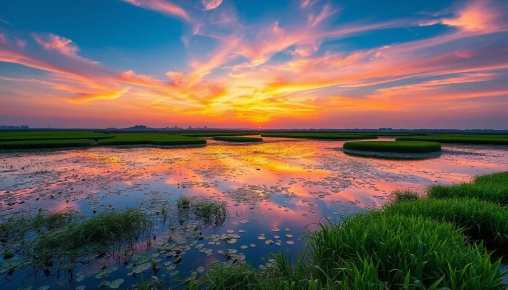 Generate an image of Gaomei Wetlands during sunset.