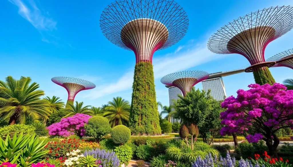 Generate an image of Gardens by the Bay with its iconic Supertrees and beautiful floral displays.