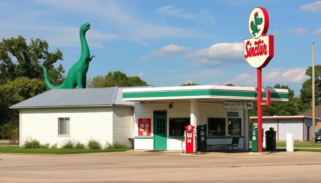 Generate an image of Gary's Gay Parita, a recreated 1930s Sinclair gas station in Ash Grove, Missouri.