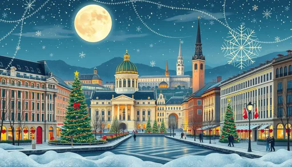 Generate an image of Geneva's cityscape during a festive season