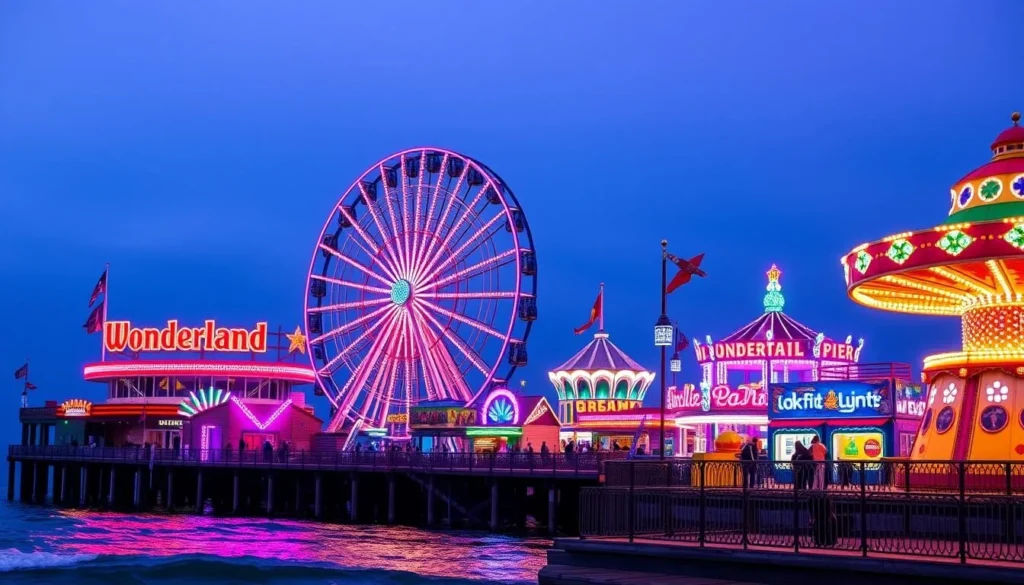 Generate an image of Gillian's Wonderland Pier with its iconic Ferris wheel and colorful rides.
