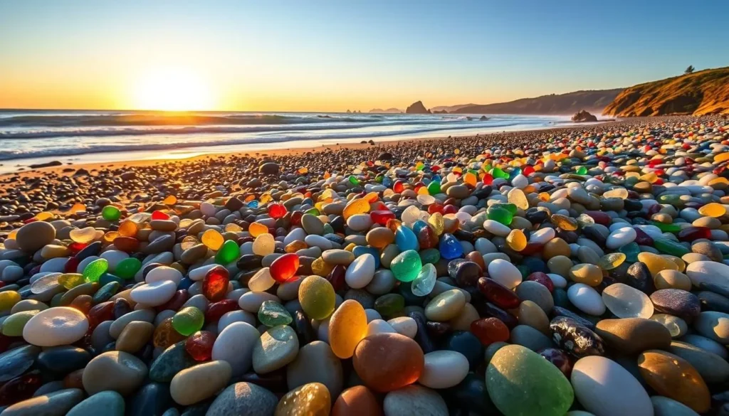 Generate an image of Glass Beach in Fort Bragg with smooth glass pebbles and a scenic coastline.