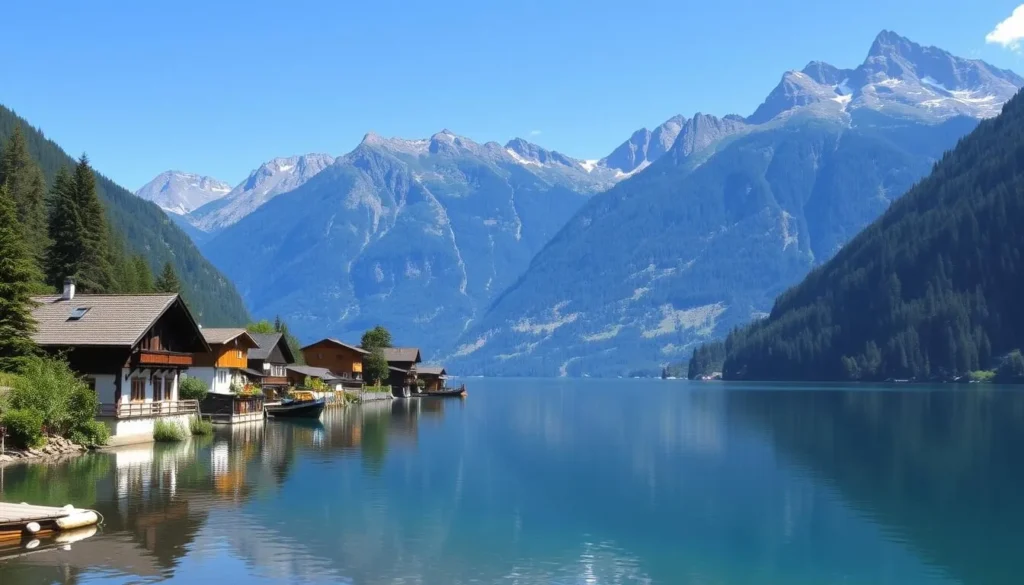 Generate an image of Golzernsee lake in Uri, Switzerland, with traditional wooden houses and mountains in the background.