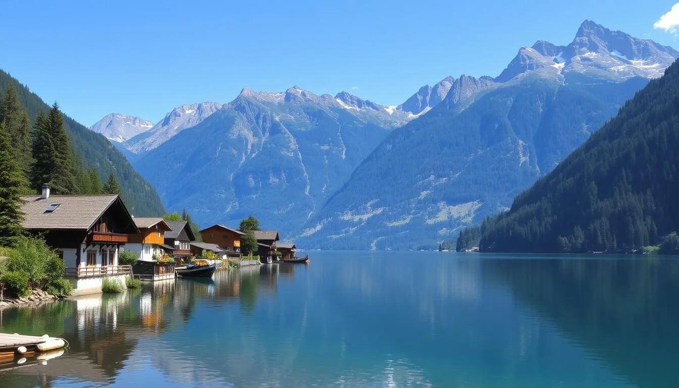 Generate an image of Golzernsee lake in Uri, Switzerland, with traditional wooden houses and mountains in the background.
