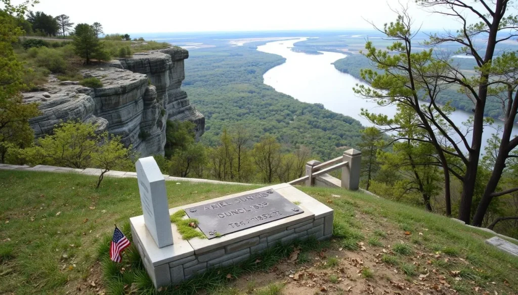 Generate an image of Governor Daniel Dunklin's grave, situated atop the limestone bluffs overlooking the Mississippi River.