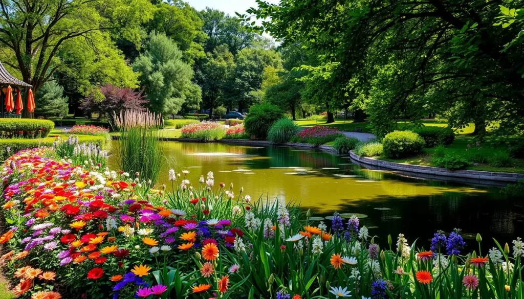 Generate an image of Greeley Park with its beautiful gardens and pond.