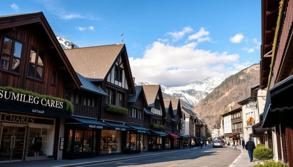 Generate an image of Gstaad's Promenade lined with luxury boutiques