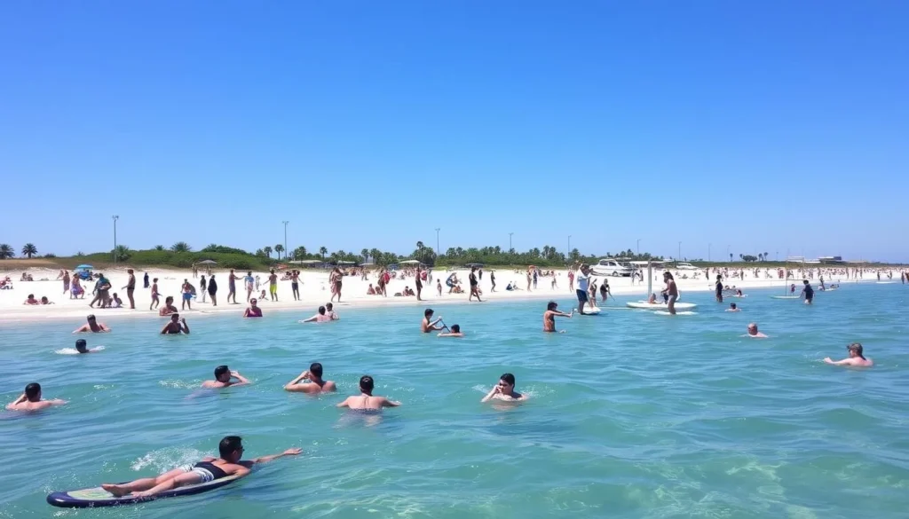 Generate an image of Gulfport Beach with people enjoying various water activities.