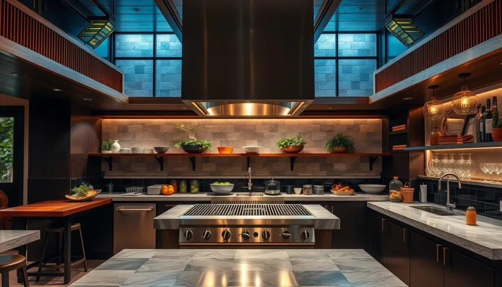 Generate an image of Gu:um's open kitchen, highlighting its modern charcoal grill.