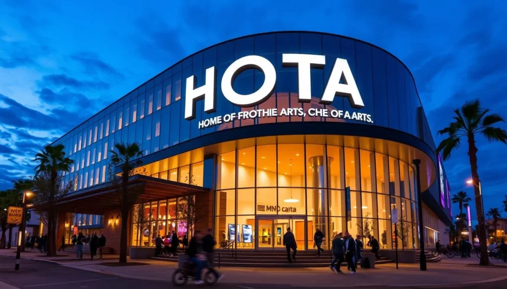Generate an image of HOTA, Home of the Arts, showcasing its modern architecture and vibrant cultural atmosphere.