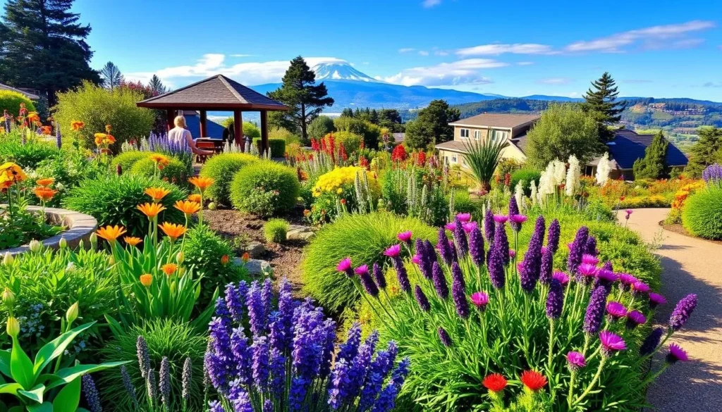 Generate an image of Hal Brown Park's healing garden and scenic views of Mount Tamalpais.