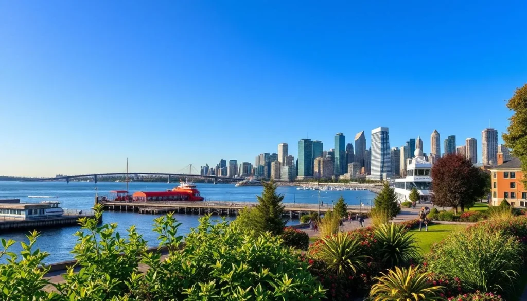 Generate an image of Hamilton's waterfront with Bayfront Park and Pier 4 Park in the foreground, and the city skyline in the background.