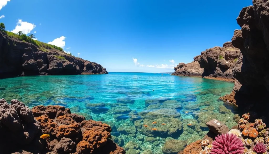 Generate an image of Hanauma Bay with clear waters and diverse marine life.