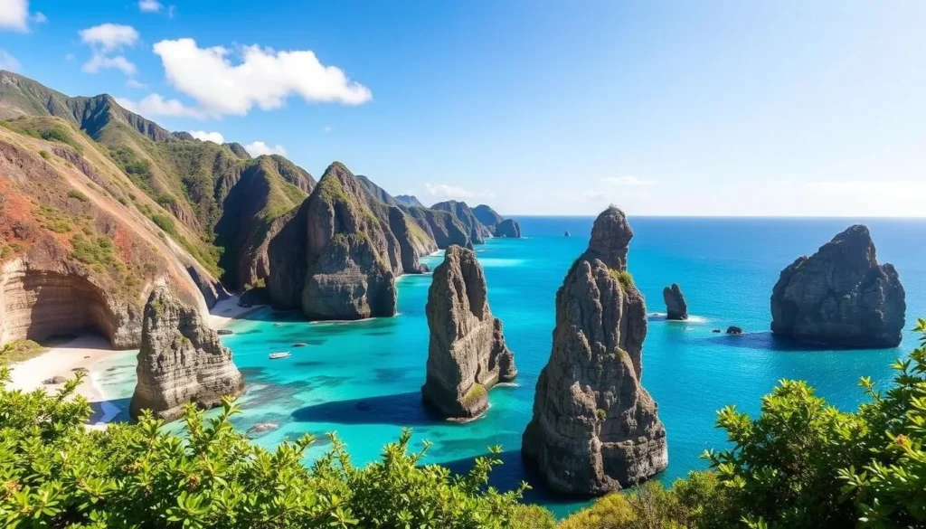 Generate an image of Hanavave Bay with its dramatic basalt pillars and turquoise waters.