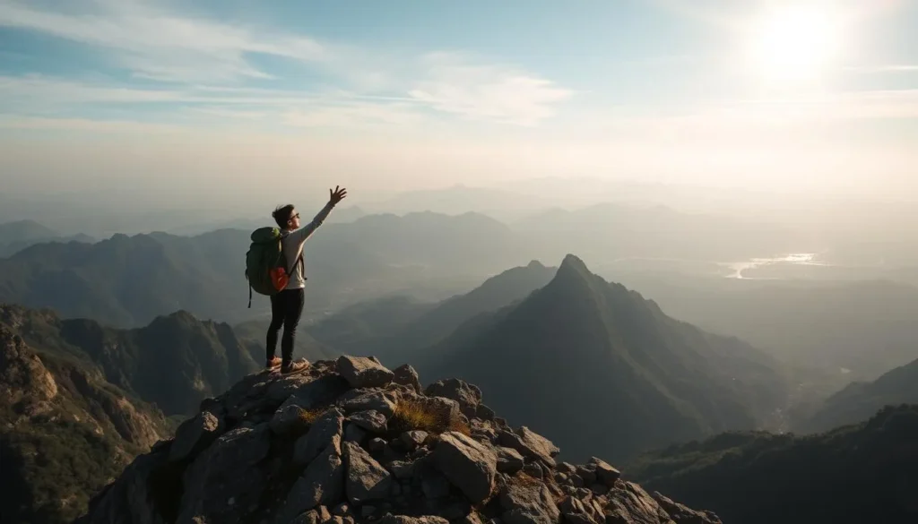 Generate an image of Hang Mua Peak with a hiker reaching the top and enjoying the panoramic view.