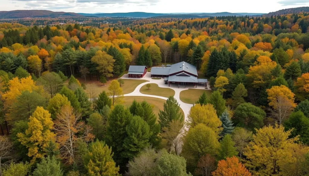 Generate an image of Hard Truth Distilling Co.'s impressive 325-acre wooded campus.