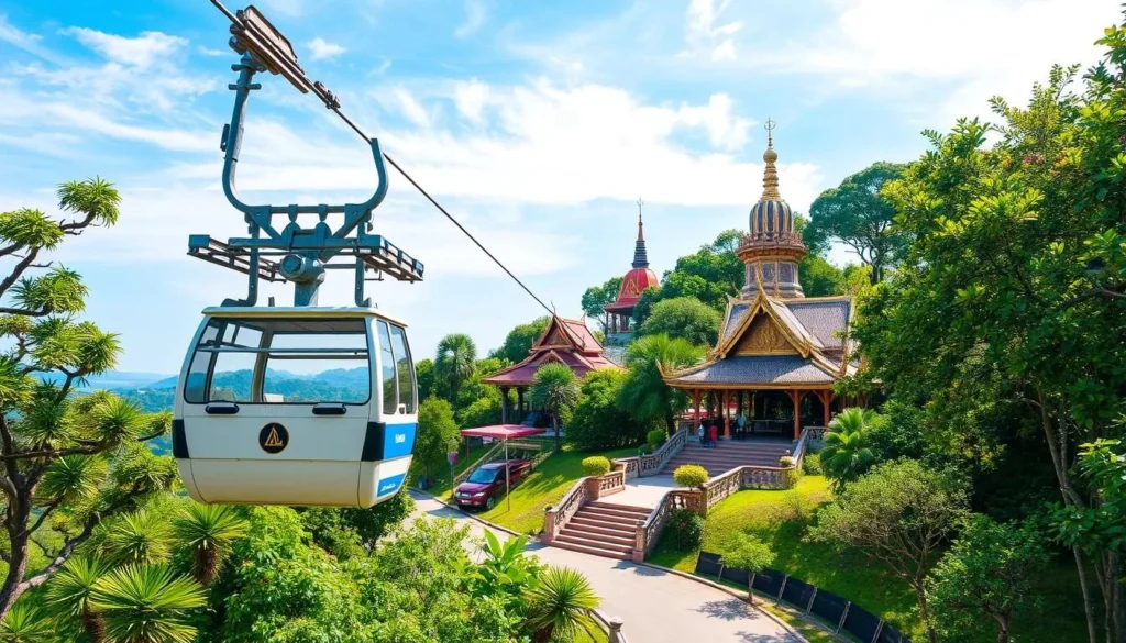 Generate an image of Hat Yai Municipal Park with its cable car and hilltop temples.