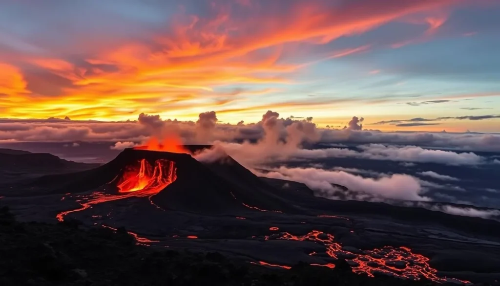Generate an image of Hawaii Volcanoes National Park's Kilauea volcano erupting at sunset.