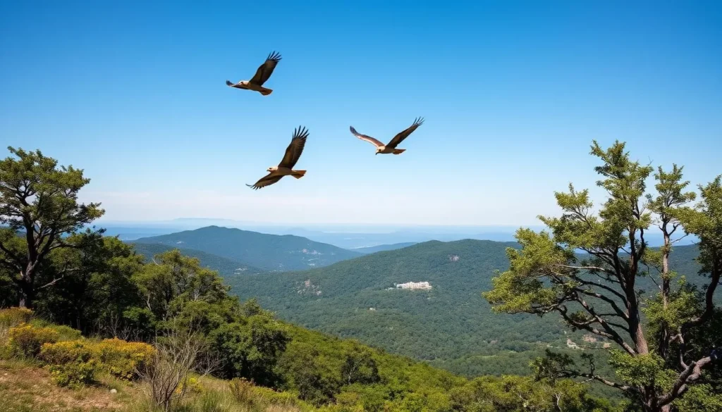 Generate an image of Hawk Mountain Sanctuary with birds of prey soaring overhead.