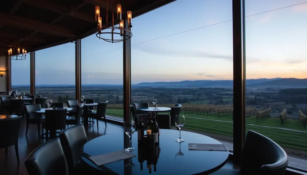 Generate an image of Hawk's View Winery's tasting room with a scenic view.