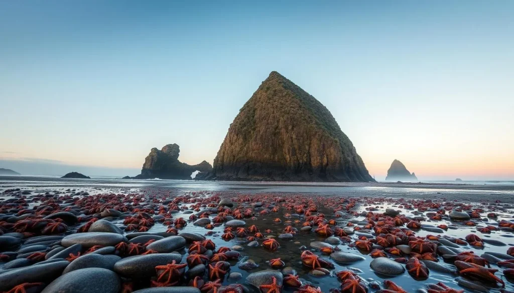 Generate an image of Haystack Rock at Cannon Beach, Oregon, during low tide with tide pools visible.