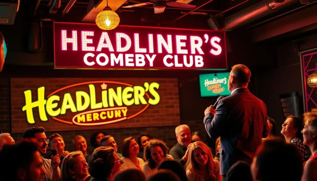 Generate an image of Headliner's Comedy Club, featuring a comedian on stage with an engaged audience.