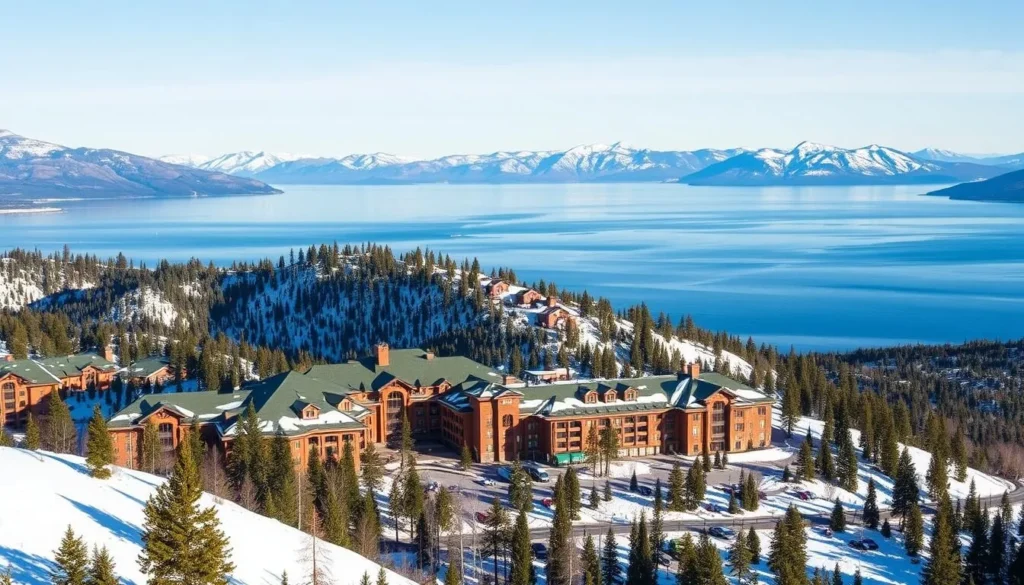 Generate an image of Heavenly Mountain Resort with Lake Tahoe in the background.