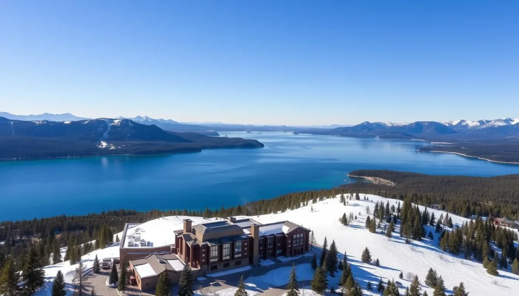 Generate an image of Heavenly Mountain Resort with Lake Tahoe in the background.
