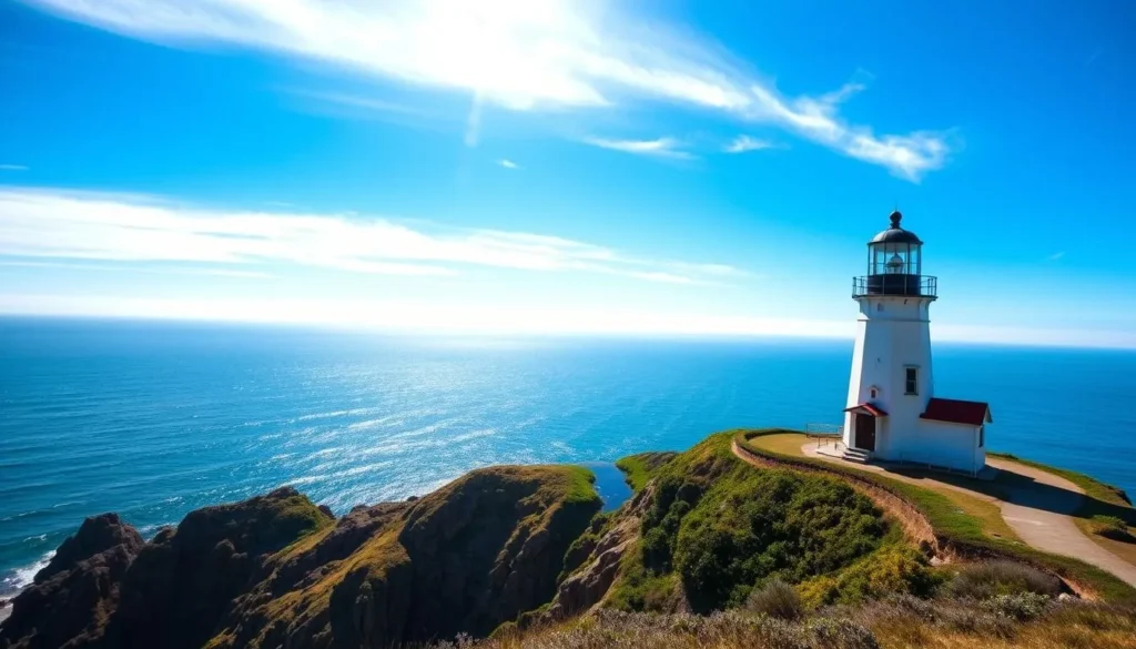 Generate an image of Heceta Head Lighthouse on a sunny day with a clear blue sky.