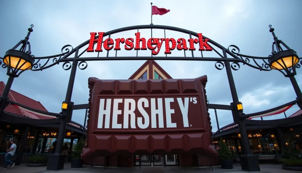 Generate an image of Hersheypark's main entrance with a giant Hershey's chocolate bar