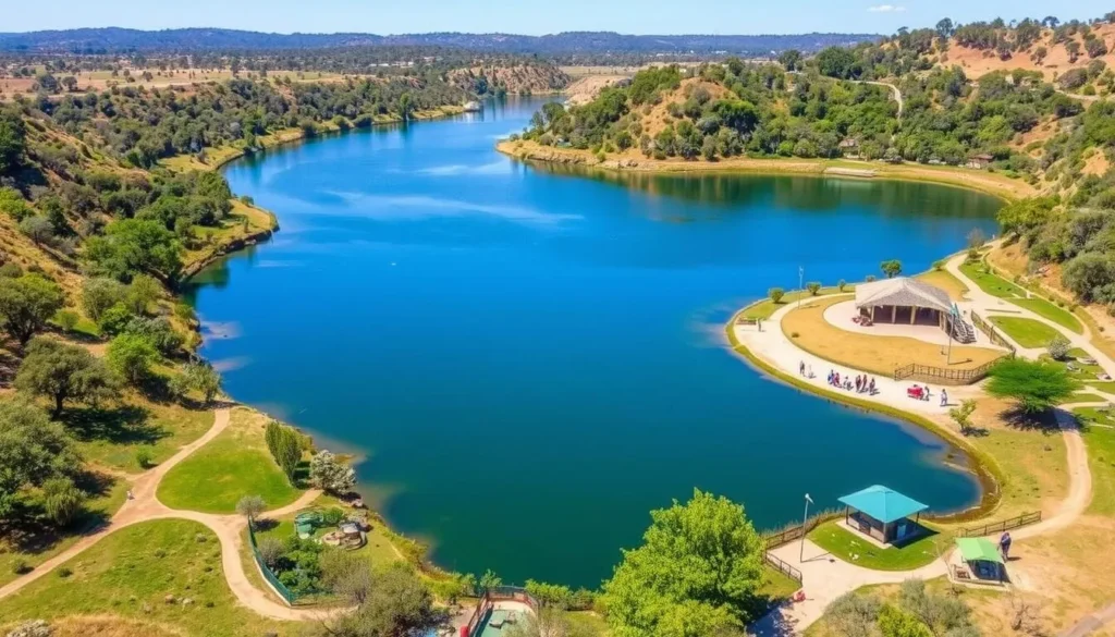 Generate an image of Hillside Dams in Bulawayo, showcasing its serene environment and recreational facilities.