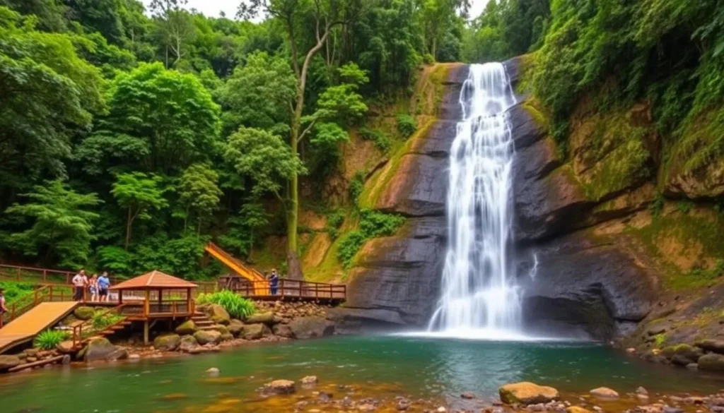 Generate an image of Hinulugang Taktak Falls with its surrounding landscape and recreational facilities.
