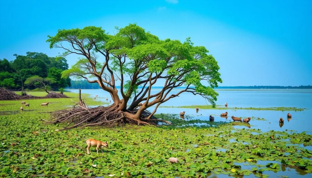 Generate an image of Hiran Point in the Sundarbans, showcasing its lush mangrove forest and diverse wildlife.