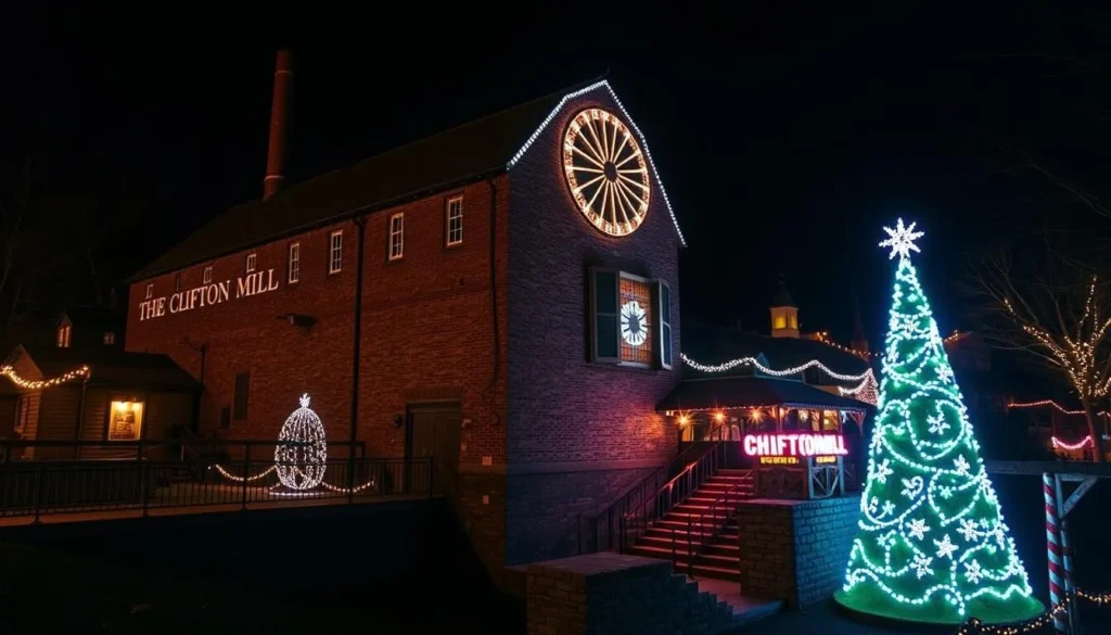 Generate an image of Historic Clifton Mill during the Legendary Lights of Clifton Mill event.