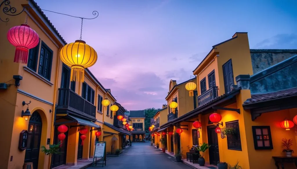Generate an image of Hoi An Ancient Town's iconic yellow buildings and colorful silk lanterns.