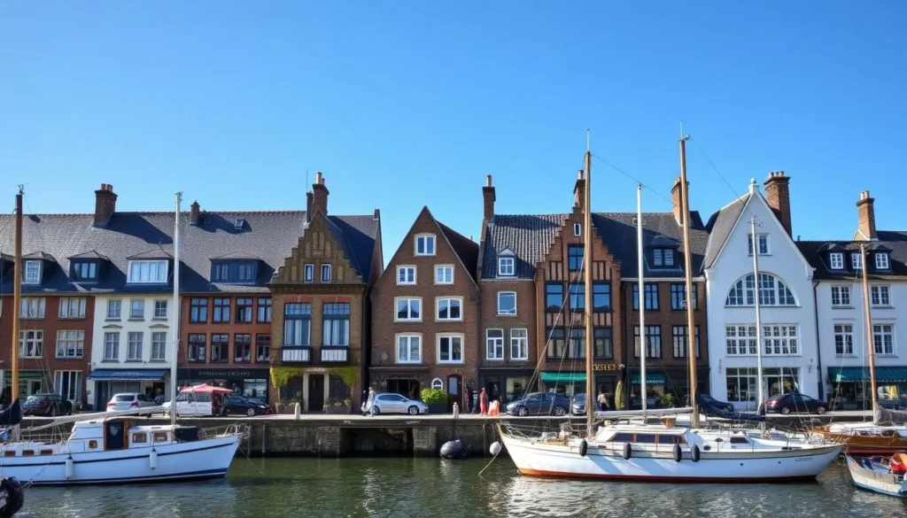 Generate an image of Honfleur's picturesque old harbor with tall, narrow houses and slate-covered facades.