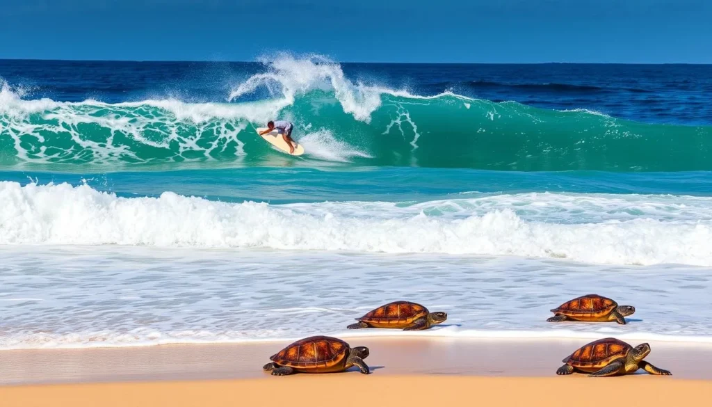 Generate an image of Ho'okipa Beach with surfers riding the waves and sea turtles resting on the shore.