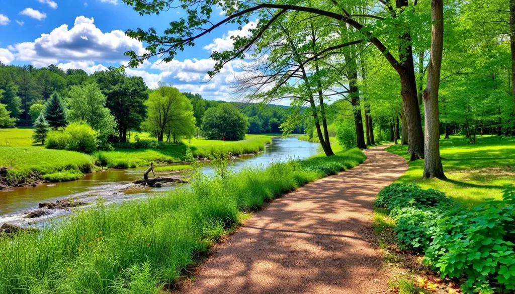 Generate an image of Hoppe Spring Park with a walking trail along Yadkin Creek.