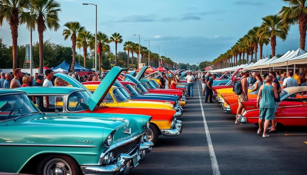 Generate an image of Hot August Nights, featuring a row of classic cars on display with people admiring them.