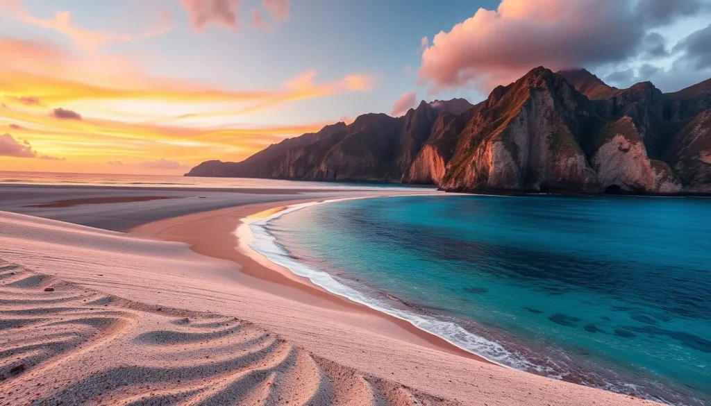 Generate an image of Huawai Bay with its distinctive salt-and-pepper sand and sea cliffs.