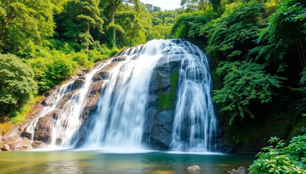 Generate an image of Hum Hum Waterfall surrounded by lush green forest.