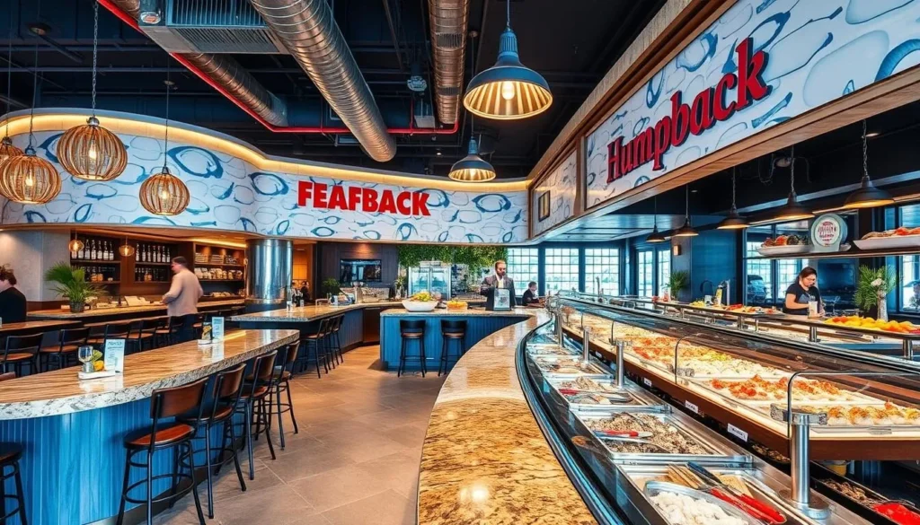 Generate an image of Humpback's modern seafood restaurant with a raw bar.