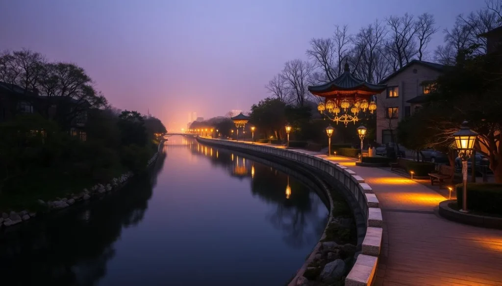 Generate an image of Hyeonggwangcheon Stream, highlighting its serene environment and beautifully lit pathways.