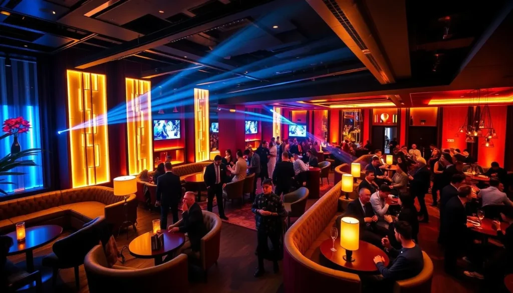 Generate an image of ICONS Lounge at Luxury City Hotel, showcasing its modern decor and lively atmosphere.