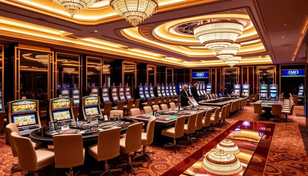 Generate an image of IMO Concorde Hotel and Casino's luxurious casino floor with gaming tables and slot machines.