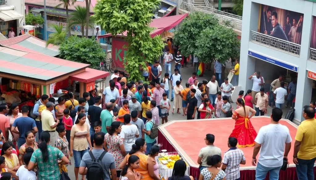 Generate an image of Ibom Plaza with people milling around, vendors selling local goods, and a stage with performers in traditional attire.