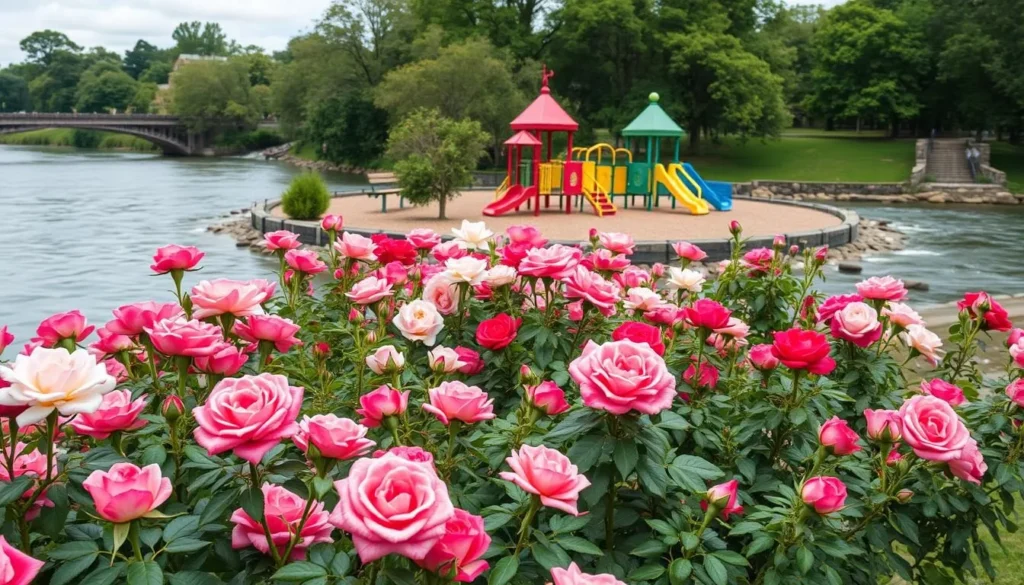 Generate an image of Idlewild Park, featuring a rose garden and a playground by the river.