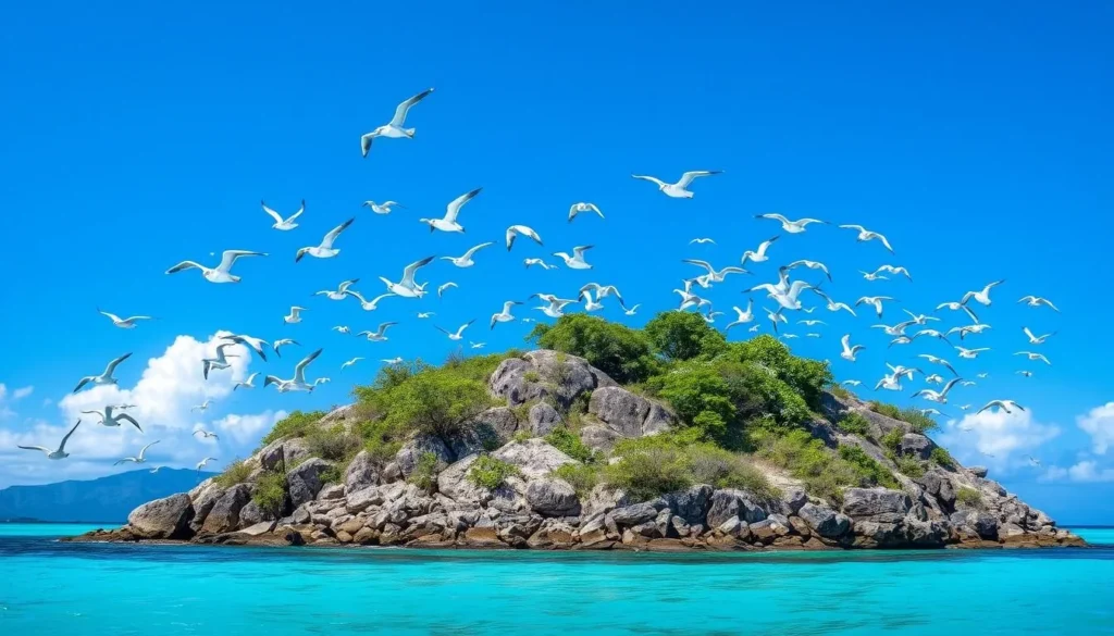 Generate an image of Îlot Pao Pao on Tetiaroa Island with various seabirds flying around it.