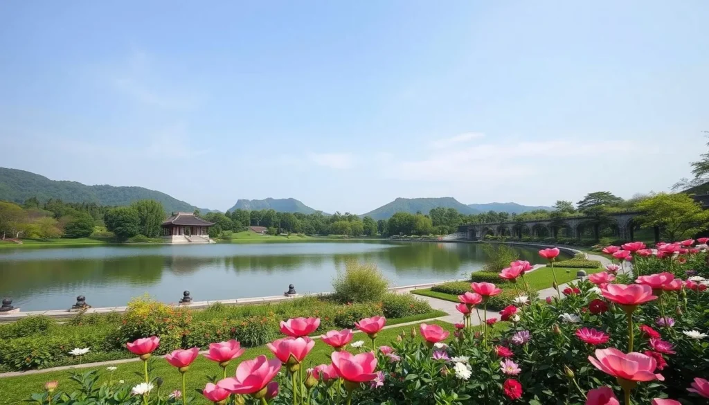 Generate an image of Ilsan Lake Park with a serene lake, walking trails, and beautifully landscaped gardens.